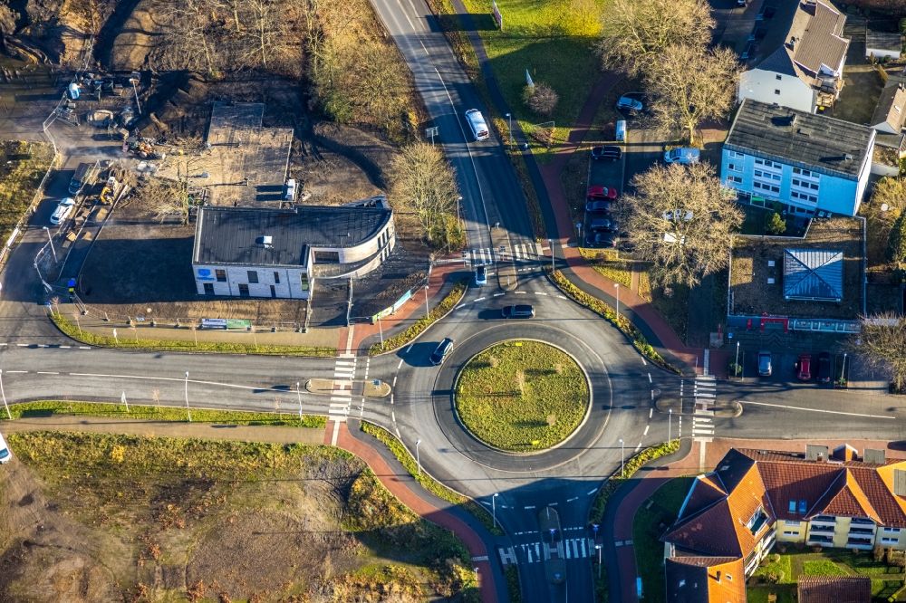 Aerial image Dorsten - Traffic management of the roundabout road of Halterner Strasse - of Fuerst-Leopold-Allee - Freiligrathstrasse in the district Hervest in Dorsten in the state North Rhine-Westphalia, Germany