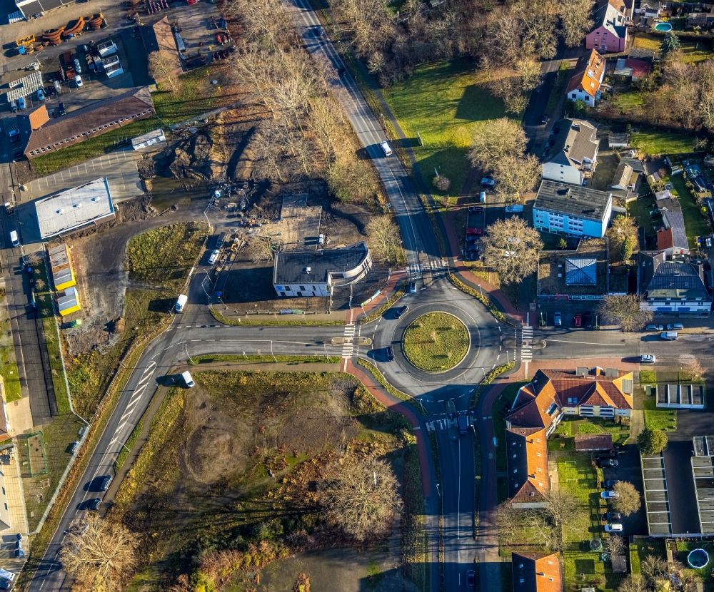 Aerial photograph Dorsten - Traffic management of the roundabout road of Halterner Strasse - of Fuerst-Leopold-Allee - Freiligrathstrasse in the district Hervest in Dorsten in the state North Rhine-Westphalia, Germany