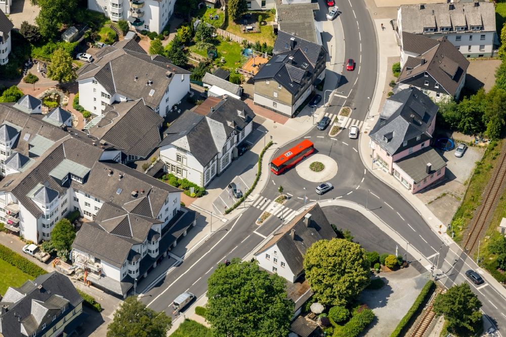 Aerial image Olsberg - Traffic management of the roundabout road on Hauptstrasse - Stadionstrasse in Olsberg in the state North Rhine-Westphalia, Germany