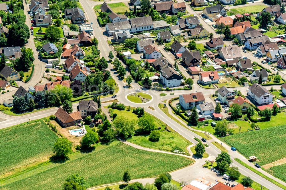 Münchweier from above - Traffic management of the roundabout road of Hauptstrasse - Weinstrasse in Muenchweier in the state Baden-Wurttemberg, Germany