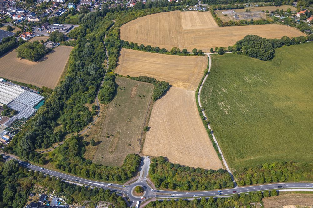 Hamm from above - Traffic management at the Sachsenring roundabout and road at the edge of the field overlooking a dog meadow in Hamm in the federal state of North Rhine-Westphalia, Germany