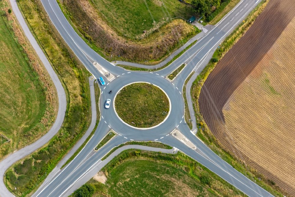 Werne from above - Traffic management of the roundabout road of the Selmer Landstrasse and the L518n in Werne in the state North Rhine-Westphalia, Germany