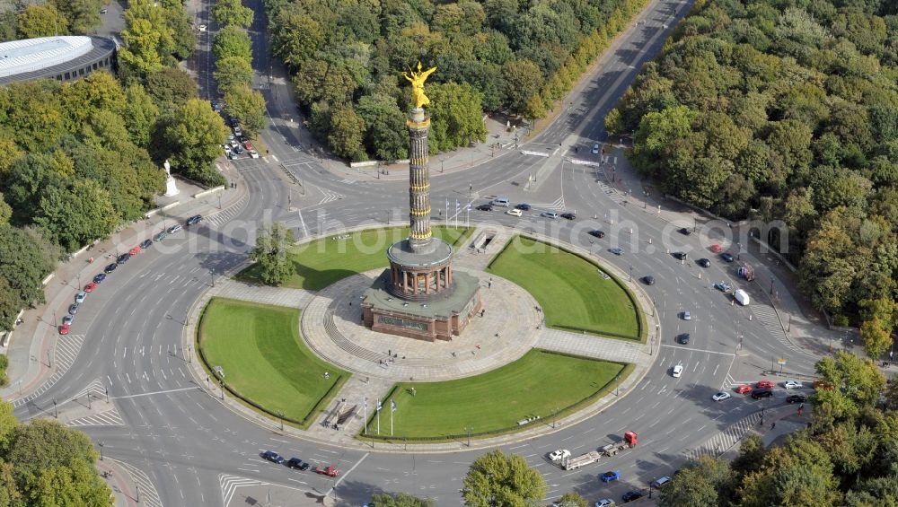 Berlin from above - Roundabout road at the Victory Column - Big Star in the park area of the Tiergarten in Berlin in Germany