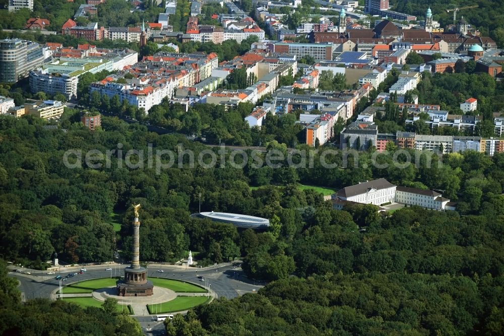 Berlin from above - Traffic management of the roundabout road at the Victory Column - Big Star in the park area of the Tiergarten in Berlin in Germany