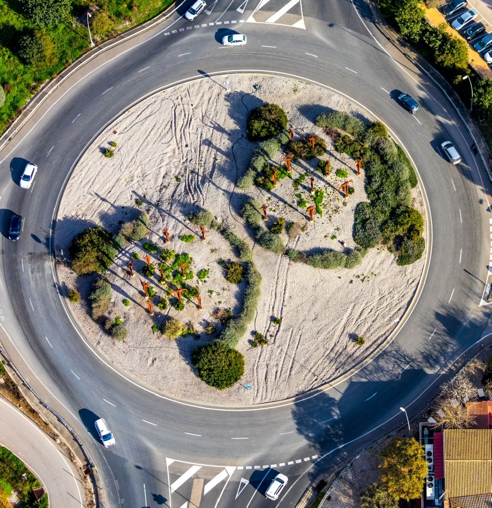 Vilafranca de Bonany from the bird's eye view: Traffic management of the roundabout road of the Ma-15 - Ma-3310 - Ma-5110 in Vilafranca de Bonany in Balearische Insel Mallorca, Spain