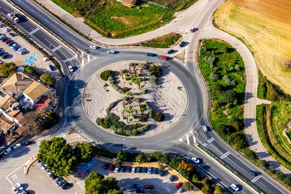 Aerial image Vilafranca de Bonany - Traffic management of the roundabout road of the Ma-15 - Ma-3310 - Ma-5110 in Vilafranca de Bonany in Balearische Insel Mallorca, Spain