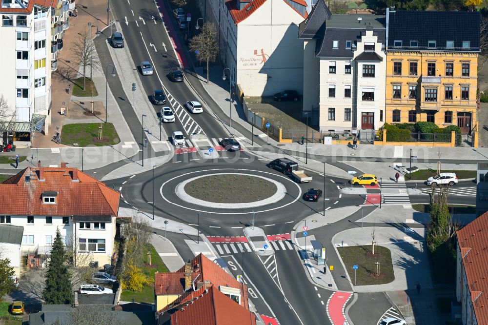 Dessau from above - Traffic management of the roundabout road Wolfgangstrasse - Albrechtplatz - Albrechtstrasse - Kurt-Weill-Strasse in Dessau in the state Saxony-Anhalt, Germany