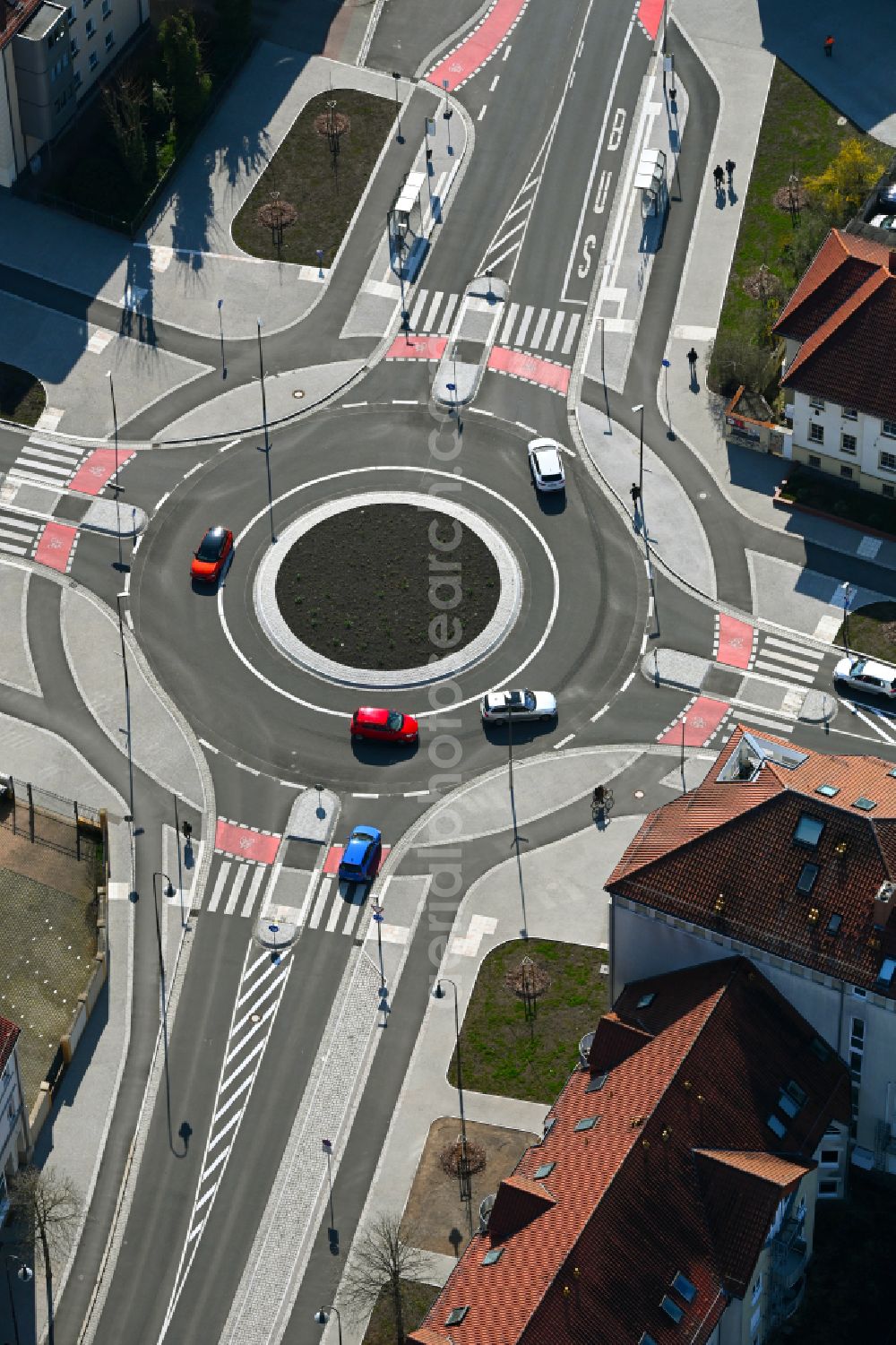 Dessau from above - Traffic management of the roundabout road Wolfgangstrasse - Albrechtplatz - Albrechtstrasse - Kurt-Weill-Strasse in Dessau in the state Saxony-Anhalt, Germany