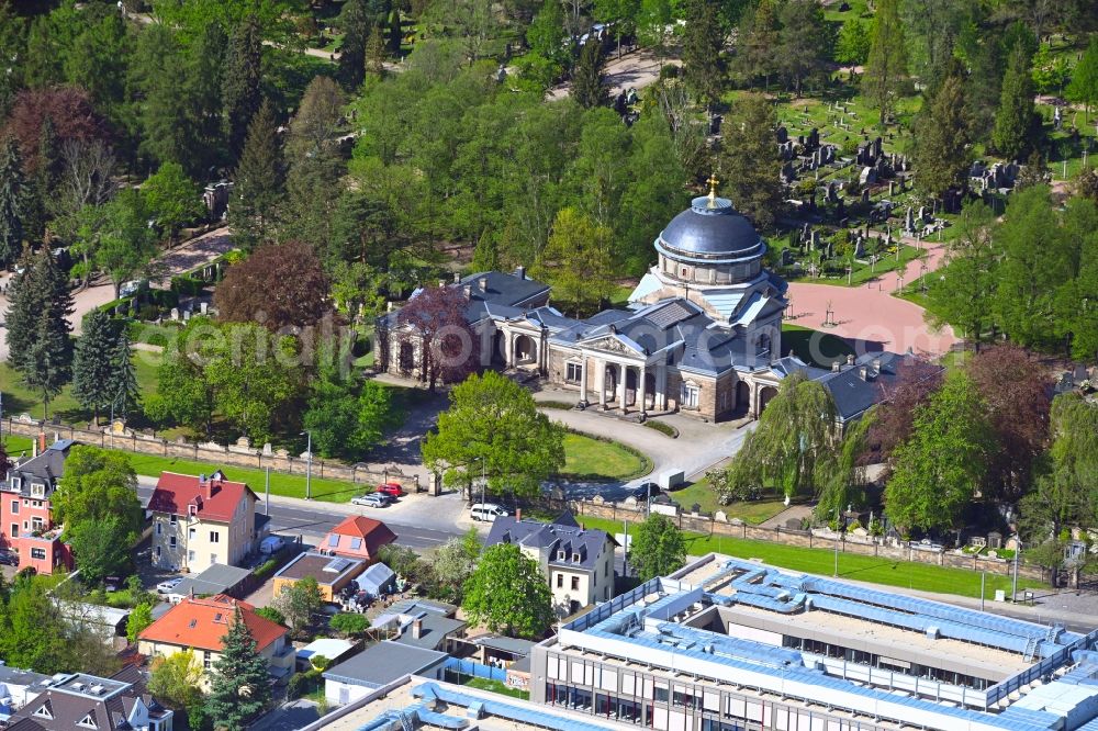 Dresden from above - Crematory and funeral hall for burial in the grounds of the cemetery Johannisfriedhof in the district Tolkewitz in Dresden in the state Saxony, Germany
