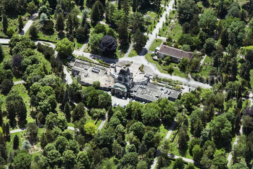 Stuttgart from the bird's eye view: Crematory and funeral hall for burial in the grounds of the cemetery Pragfriedhof in Stuttgart in the state Baden-Wuerttemberg, Germany