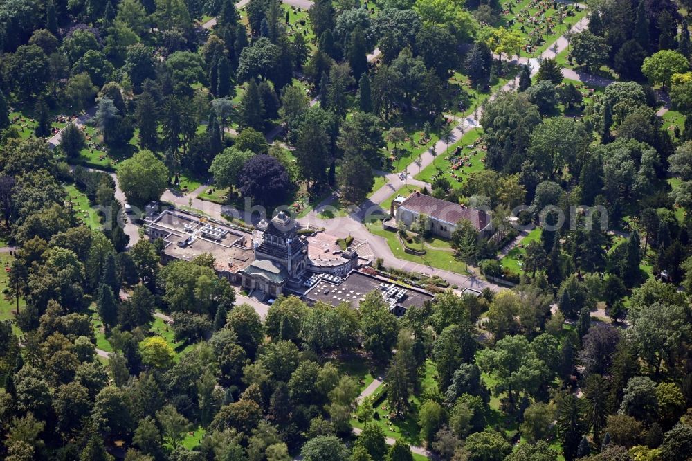 Stuttgart from above - Crematory and funeral hall for burial in the grounds of the cemetery Pragfriedhof in Stuttgart in the state Baden-Wuerttemberg, Germany