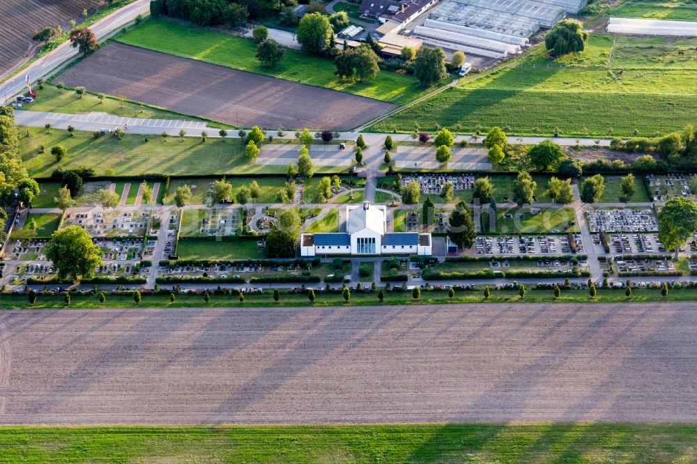 Reilingen from the bird's eye view: Crematory and funeral hall for burial in the grounds of the cemetery in Reilingen in the state Baden-Wuerttemberg, Germany