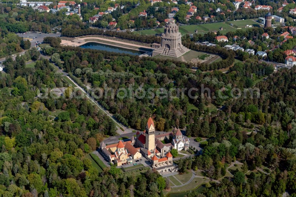 Aerial photograph Leipzig - Crematory and funeral hall for burial in the grounds of the cemetery Suedfriedhof in Leipzig in the state Saxony, Germany