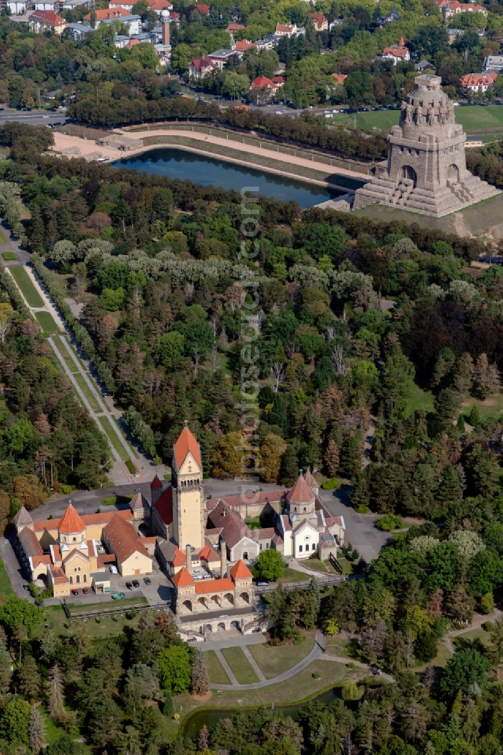 Leipzig from above - Crematory and funeral hall for burial in the grounds of the cemetery Suedfriedhof in the district Probstheida in Leipzig in the state Saxony, Germany