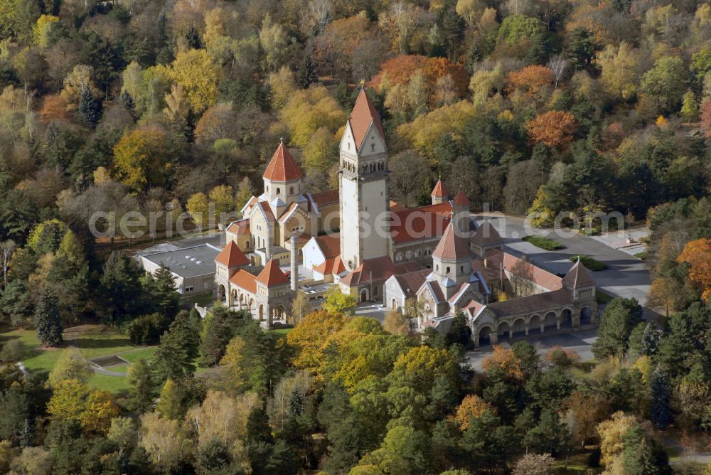 Leipzig from above - Crematory and funeral hall for burial in the grounds of the cemetery Suedfriedhof in the district Probstheidaer Flur in Leipzig in the state Saxony, Germany