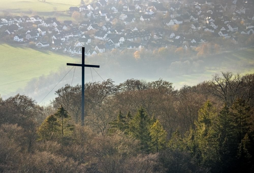 Aerial photograph Schmallenberg - Cross structure as a symbol of Christian faith and religion on Marienkapelle on Witzenberg in the district Grafschaft in Schmallenberg in the state North Rhine-Westphalia, Germany