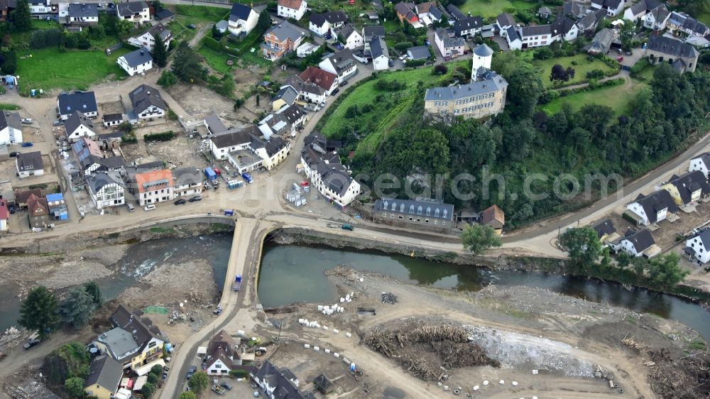 Aerial image Altenahr - Kreuzberg with Kreuzberg Castle after the flood disaster this year in the state Rhineland-Palatinate, Germany