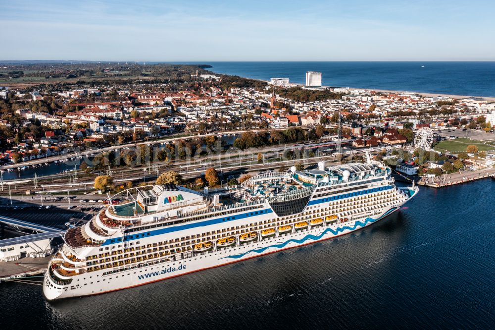 Rostock from above - Cruise and passenger ship AIDA diva in the district Warnemuende in Rostock in the state Mecklenburg - Western Pomerania, Germany