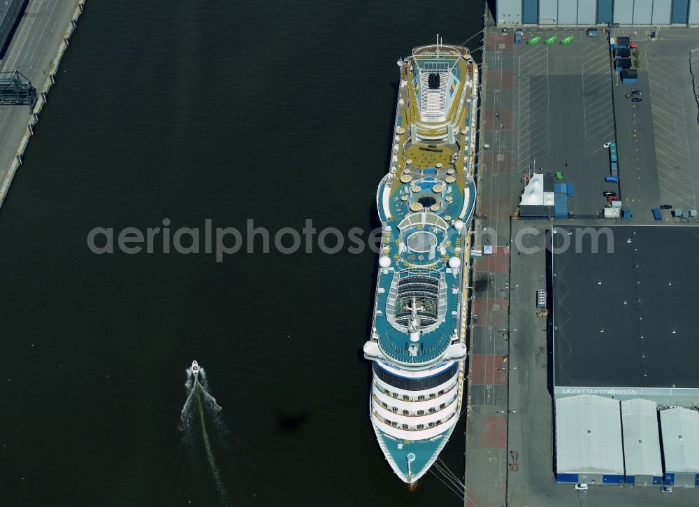 Aerial photograph Helsinki - Cruise and passenger ship AIDAdiva in Puerto Costa Helsinki on Munkkisaaren laituri in Helsinki in Finland
