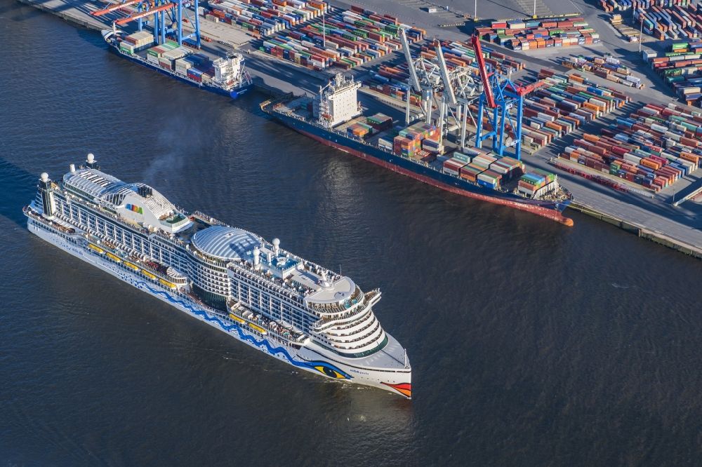 Hamburg from above - Cruise passenger and passenger ship Aida Perla in Hamburg, Germany