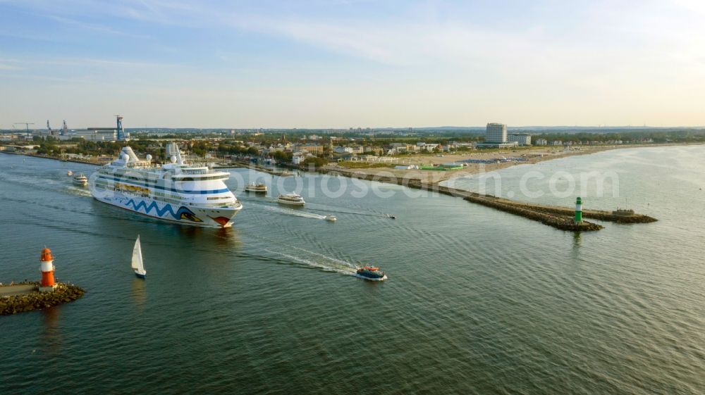 Rostock from above - Cruise and passenger ship AIDAaura in the district Warnemuende in Rostock in the state Mecklenburg - Western Pomerania, Germany