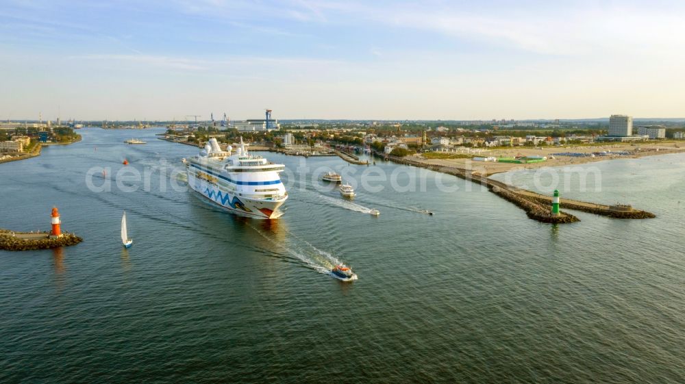 Rostock from the bird's eye view: Cruise and passenger ship AIDAaura in the district Warnemuende in Rostock in the state Mecklenburg - Western Pomerania, Germany