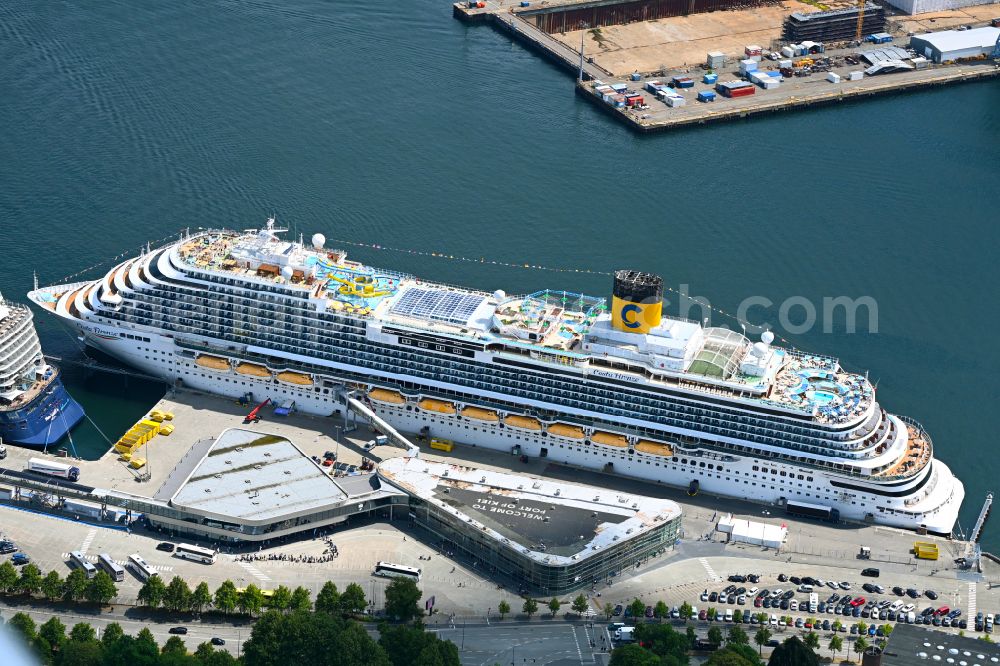 Kiel from above - Cruise and passenger ship Costa Firenze in the harbour in the district Mitte in Kiel in the state Schleswig-Holstein, Germany
