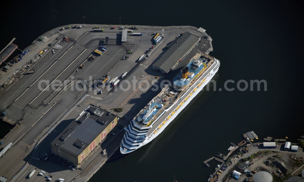 Aerial photograph Stockholm - Cruise and passenger ship Costa Magica in Cruise Center on Frihonnsgatan in the district Ladugardsgaerdet in Stockholm in Stockholms laen, Sweden
