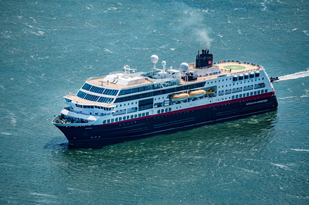 Aerial image List - Cruise and passenger ship Hurtigruten Maud in List on the island of Sylt in the state Schleswig-Holstein, Germany