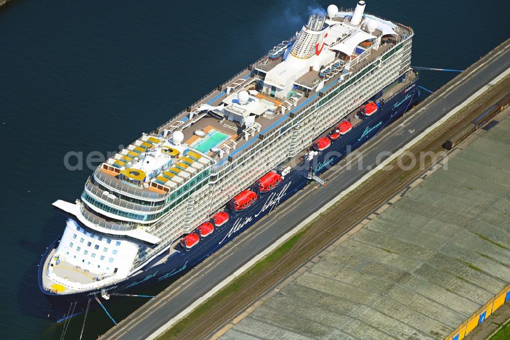 Aerial photograph Rostock - Cruise and passenger ship Mein Schiff 6 in port of the district Peez in Rostock in the state Mecklenburg - Western Pomerania, Germany