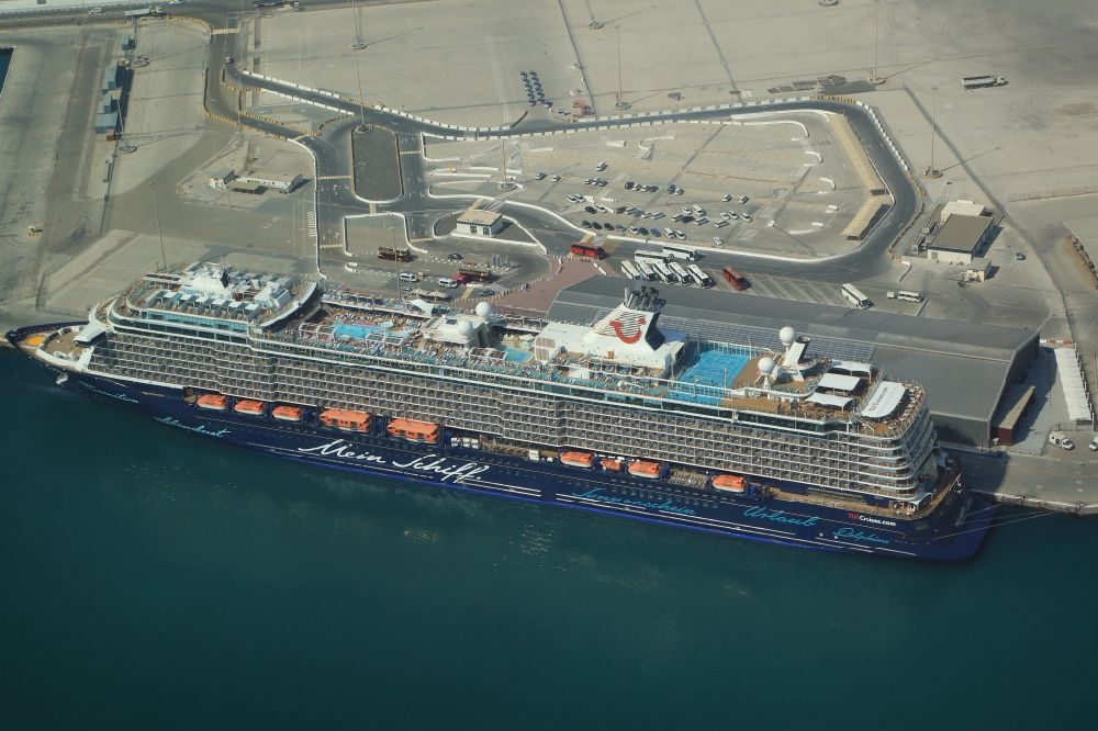 Abu Dhabi from above - Cruise and passenger ship Mein Schiff 5 in Port Zayed in Abu Dhabi in United Arab Emirates