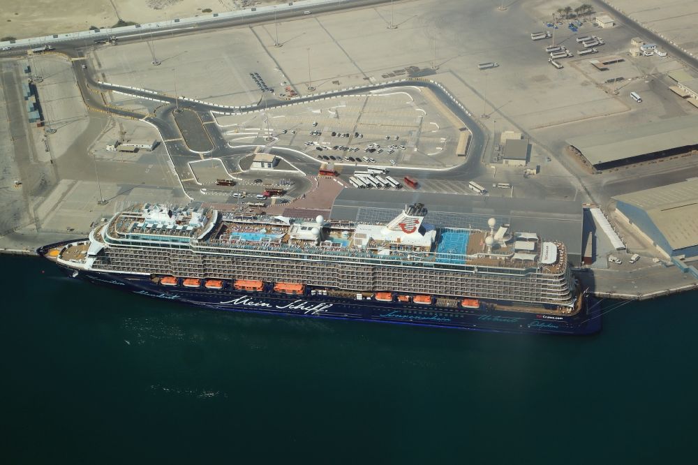 Abu Dhabi from the bird's eye view: Cruise and passenger ship Mein Schiff 5 in Port Zayed in Abu Dhabi in United Arab Emirates