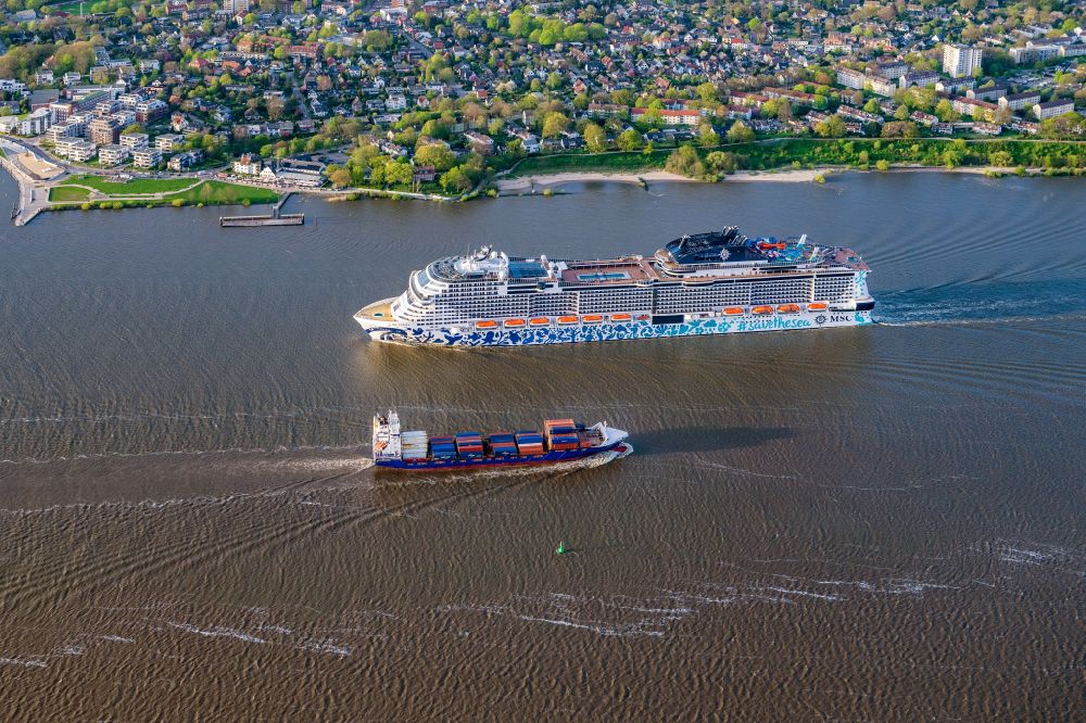 Aerial photograph Schulau - Cruise passenger and passenger ship MSC Euribia sailing on the Elbe in Schulau in the federal state of Schleswig-Holstein, Germany