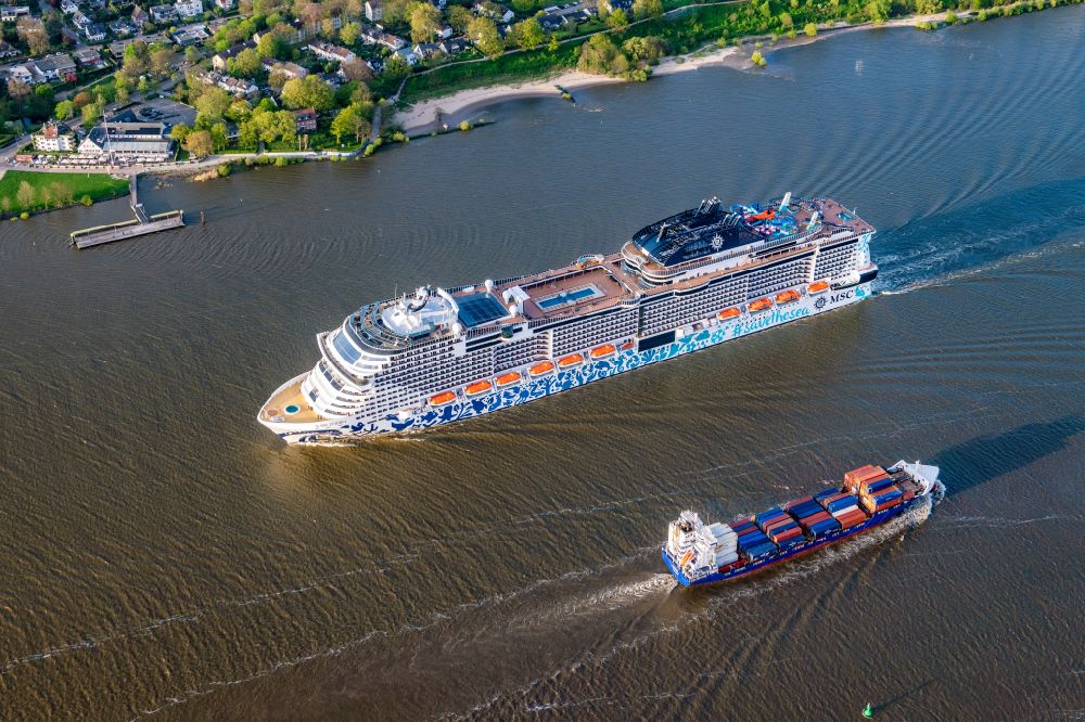 Schulau from above - Cruise passenger and passenger ship MSC Euribia sailing on the Elbe in Schulau in the federal state of Schleswig-Holstein, Germany