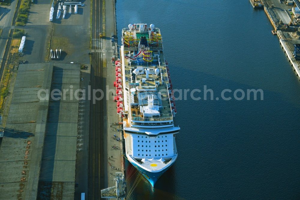 Aerial photograph Rostock - Cruise and passenger ship Norwegian Breakaway in Rostock in the state Mecklenburg - Western Pomerania, Germany