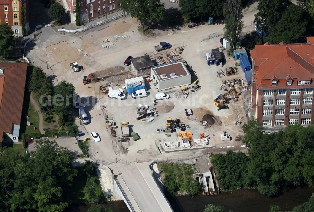 Erfurt from above - Construction site to remodel the course of the intersection Karlstrasse corner Adalbertstrasse in the district Andreasvorstadt in Erfurt in the state Thuringia, Germany