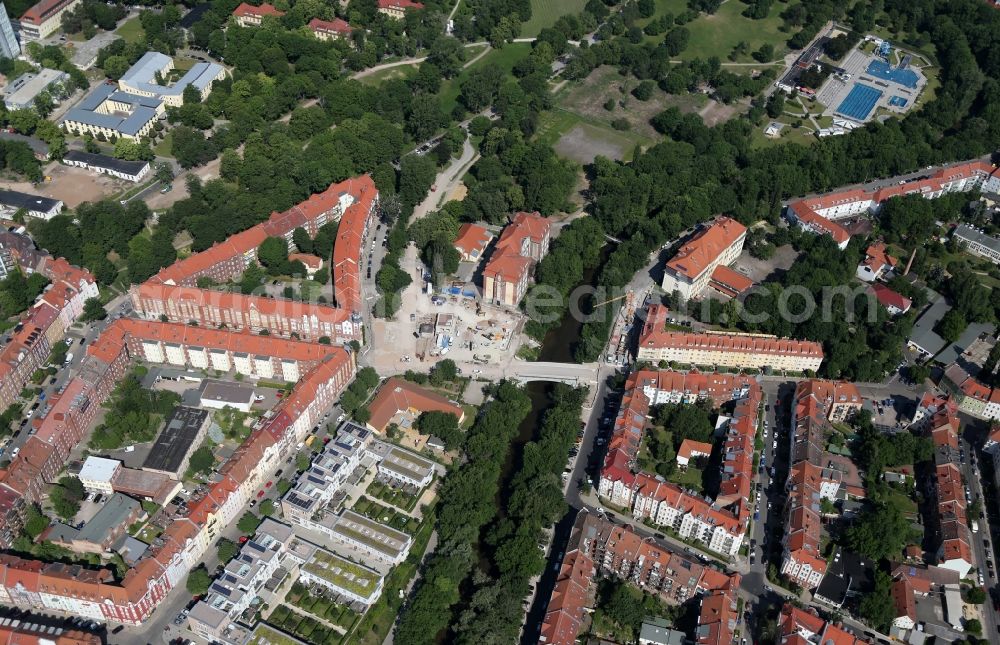 Aerial photograph Erfurt - Construction site to remodel the course of the intersection Karlstrasse corner Adalbertstrasse in the district Andreasvorstadt in Erfurt in the state Thuringia, Germany