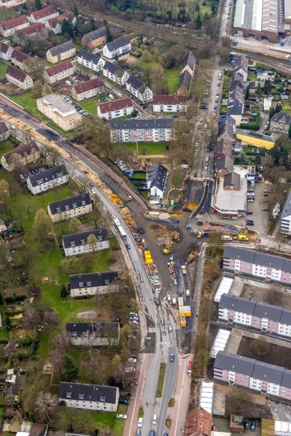 Gladbeck from above - Construction site to remodel the course of the intersection on Wiesmannstrasse - Breukerstrasse - Horster Strasse in the district Brauck in Gladbeck at Ruhrgebiet in the state North Rhine-Westphalia, Germany