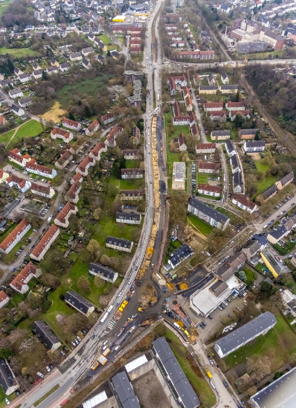 Gladbeck from the bird's eye view: Construction site to remodel the course of the intersection on Wiesmannstrasse - Breukerstrasse - Horster Strasse in the district Brauck in Gladbeck at Ruhrgebiet in the state North Rhine-Westphalia, Germany