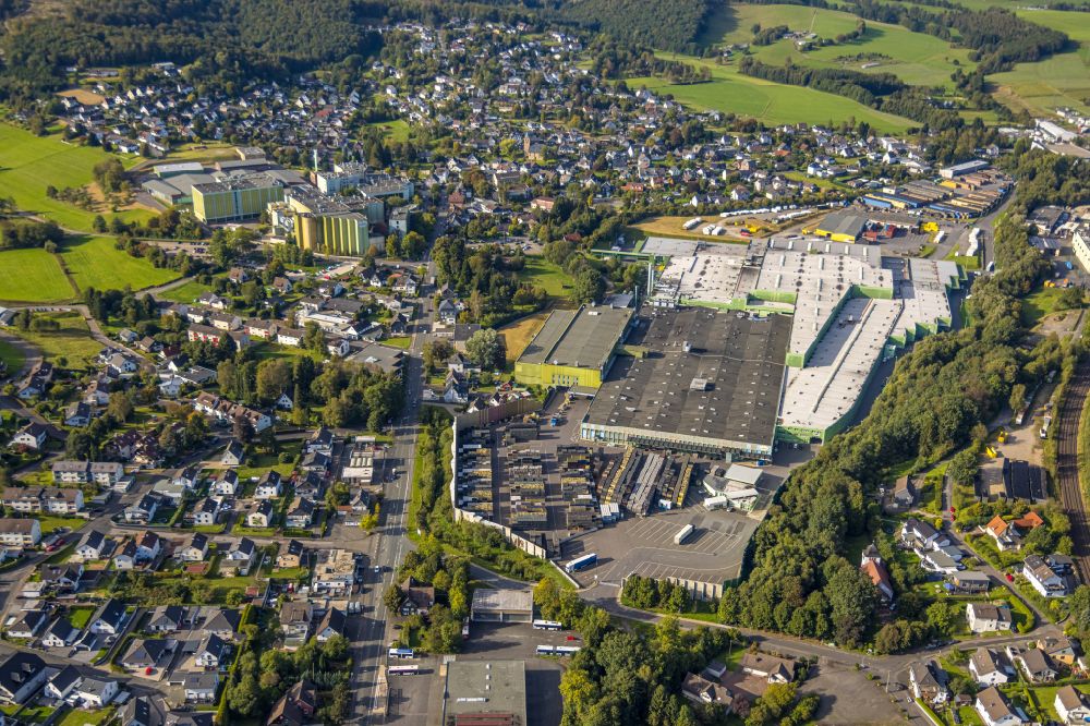Krombach from above - warehouses and forwarding building on Poststrasse in Krombach in the state North Rhine-Westphalia, Germany
