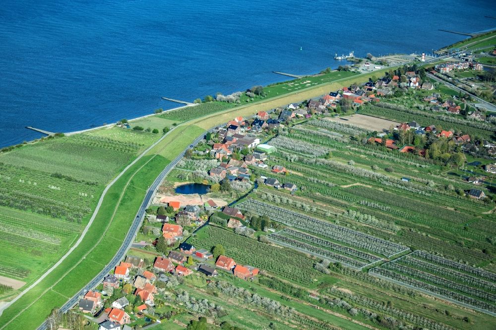Grünendeich from the bird's eye view: Coastline with dike protection strips in Gruenendeich in the state Lower Saxony, Germany