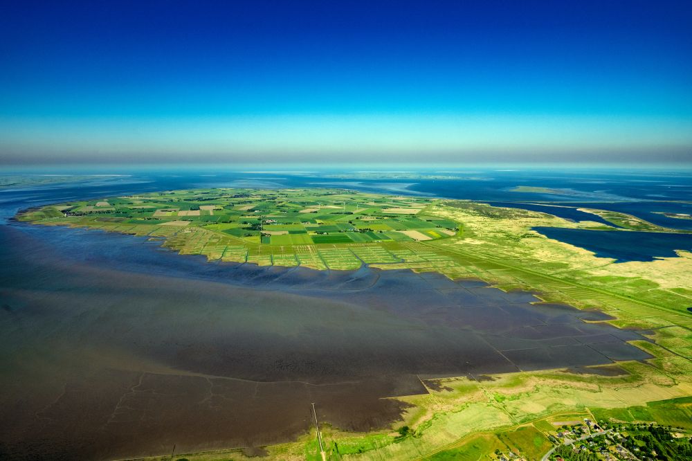Aerial image Nordstrand - Coastal landscape with dike protection strips in Suederhafen on the island of Nordstrand in the state Schleswig-Holstein, Germany