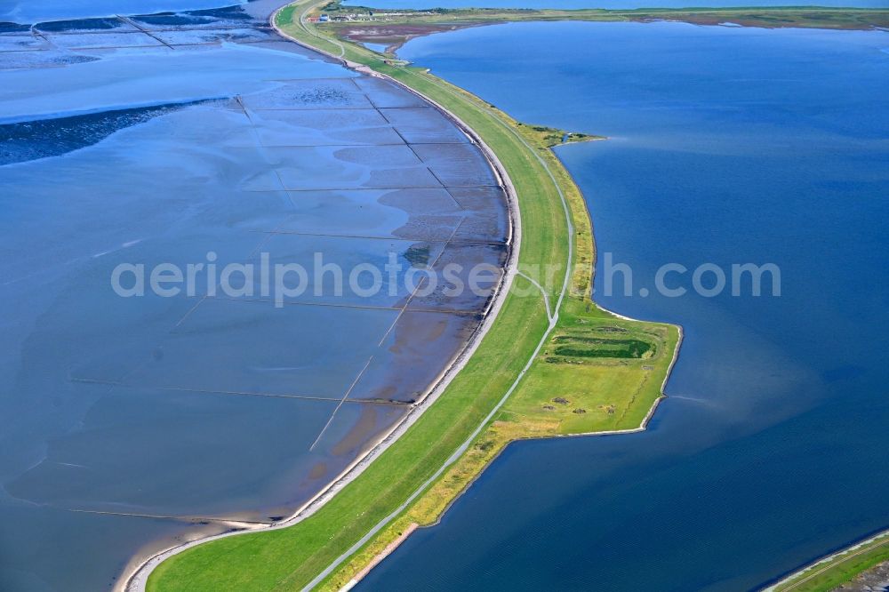 Nordstrand from above - Coastline with dike protection strips at the North Sea coast in Nordstrand in the state Schleswig-Holstein, Germany