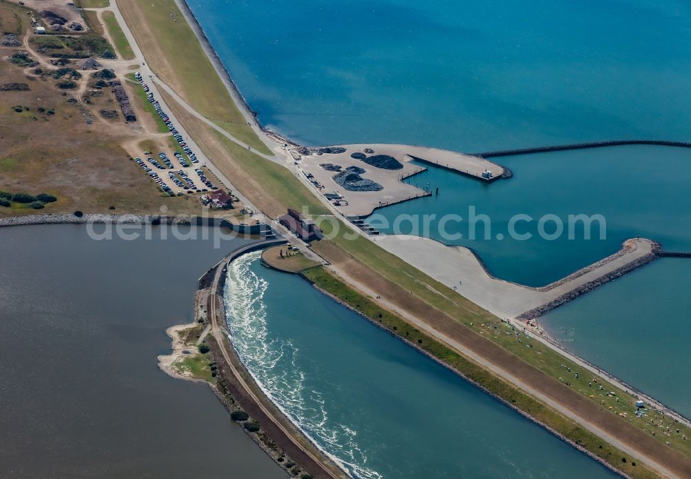 Aerial image Nordstrand - Coastal landscape with dike protection strip and lock in Nordstrand in the state Schleswig-Holstein, Germany