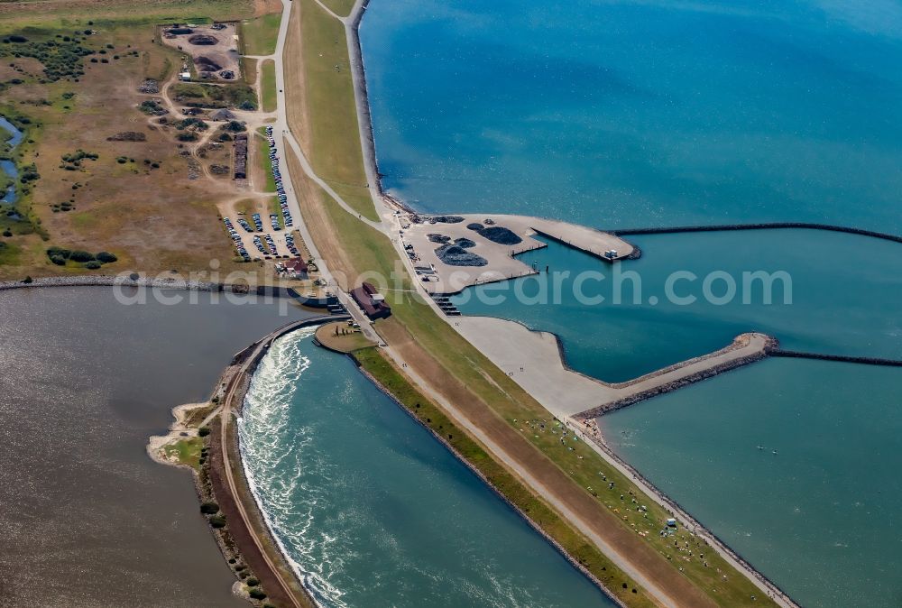 Aerial photograph Nordstrand - Coastal landscape with dike protection strip and lock in Nordstrand in the state Schleswig-Holstein, Germany