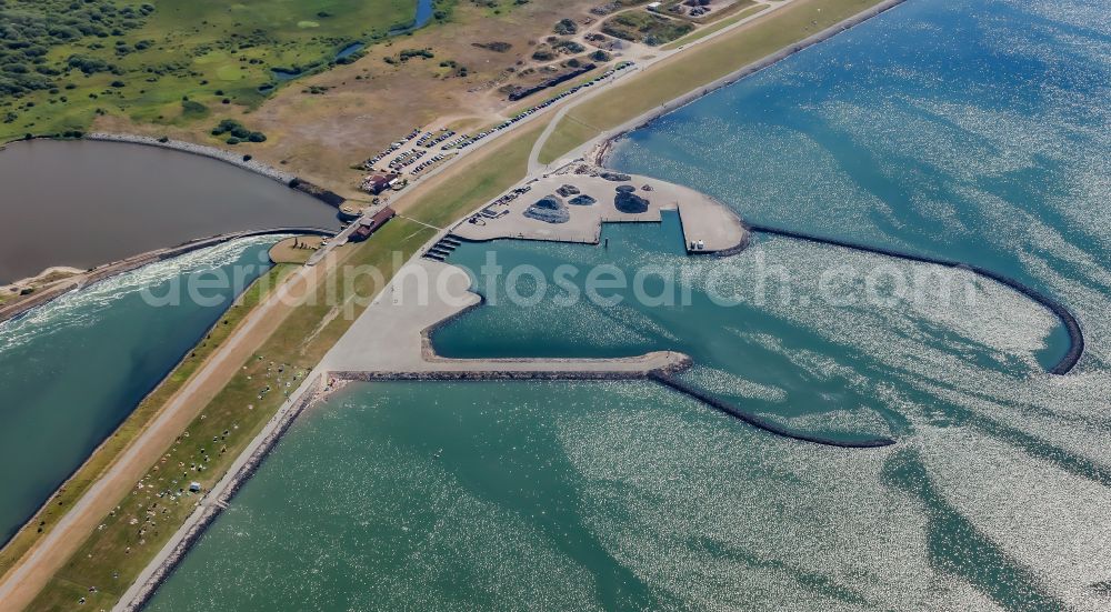 Nordstrand from the bird's eye view: Coastal landscape with dike protection strip and lock in Nordstrand in the state Schleswig-Holstein, Germany