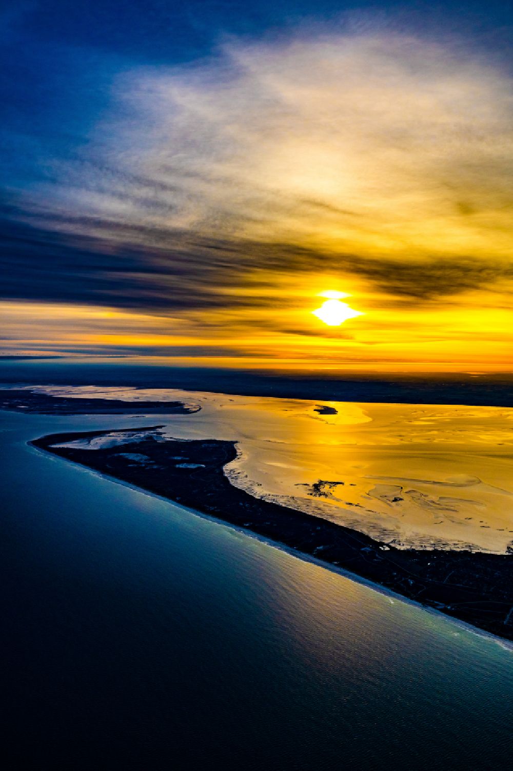 Aerial image List - Coastal landscape of the North Sea island of Sylt at sunrise in the district of Ellenbogen in List in the state Schleswig-Holstein, Germany