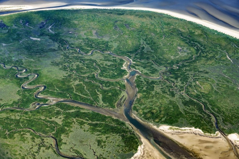 Aerial image Butjadingen - Coastal landscape with salt marshes on the island of Mellum in Butjadingen in the state Lower Saxony, Germany