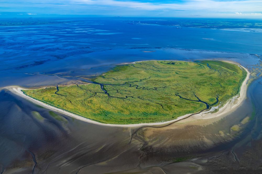 Butjadingen from the bird's eye view: Coastal landscape with salt marshes on the island of Mellum in Butjadingen in the state Lower Saxony, Germany