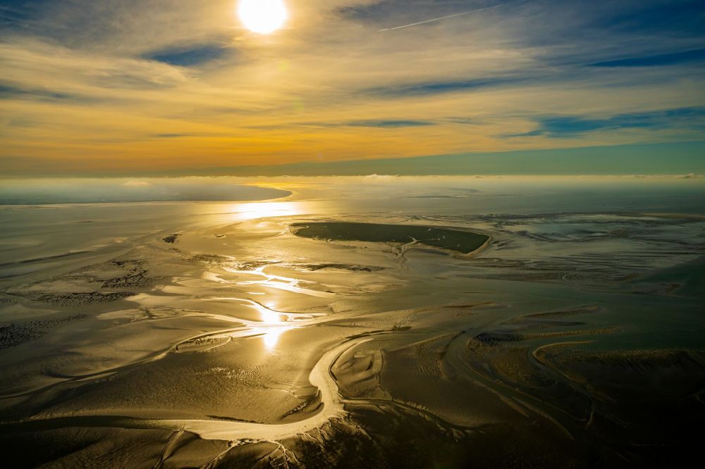 Aerial image Butjadingen - Coastal landscape with salt marshes on the island of Mellum in Butjadingen in the state Lower Saxony, Germany
